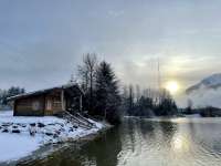 Cabin at the edge of Twin Lakes on a winter day.