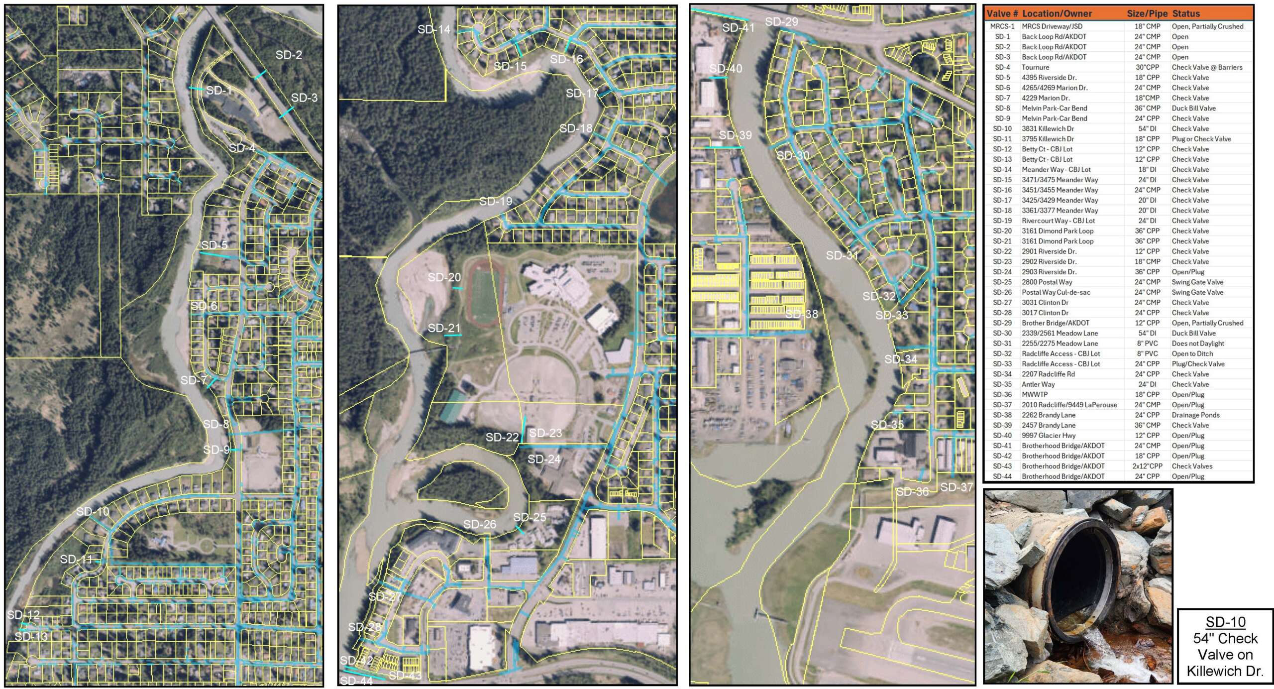 Non-Hesco Mendenhall River Storm Drainage Map_crop Three satellite street maps showing storm drainage infrastructure in the Mendenhall Valley