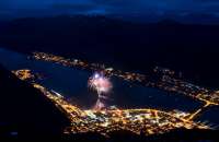 Aerial view of fireworks above the Gastineau Channel.