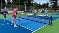 Four people holding paddles play pickleball around a net.