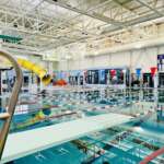 A low diving board over a swimming pool with lap lanes.